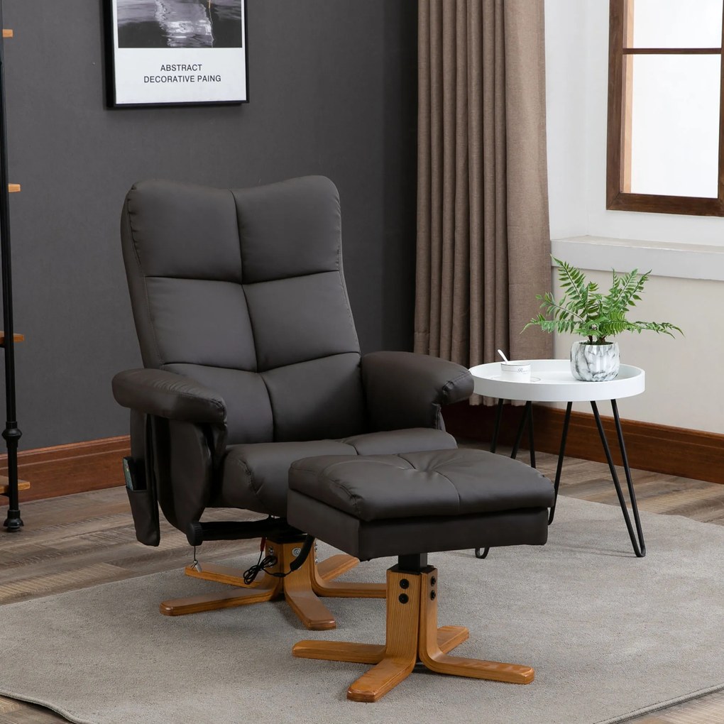 HOMCOM Fotoliu de masaj cu taburet, rotativ la 360°, fotoliu de relaxare electric cu funcții de culcare și spațiu de depozitare, fotoliu TV cu buzunar lateral și telecomandă pentru sufragerie, piele artificială, maro | Aosom Romania