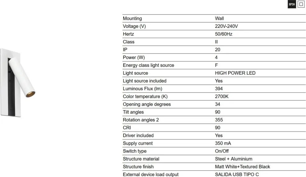 Aplica cu reader LED directionabil stil minimalist GABO USB C alb