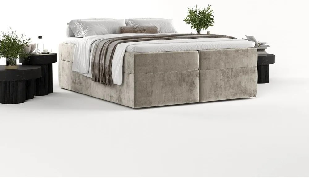 Pat boxspring maro deschis cu spațiu de depozitare 160x200 cm Yoko – Maison de Rêve