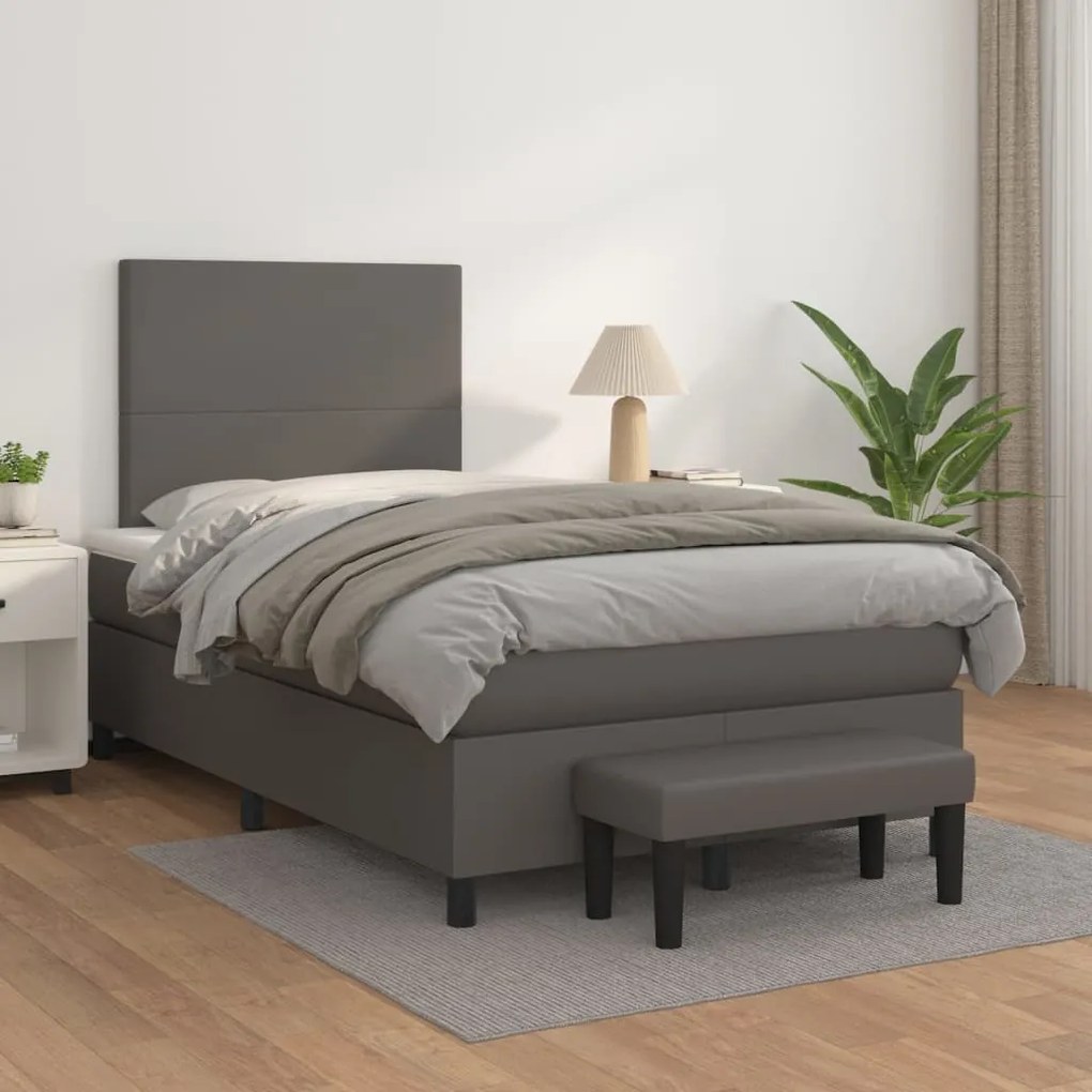 3137537 vidaXL Pat box spring cu saltea, gri, 120x200 cm, piele ecologică