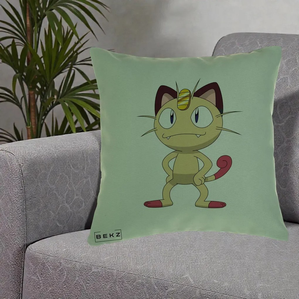 Perna Personalizata Meowth Pokemon, 40x40 cm, Verde, Husa Detasabila, Perna Inclusa, BEKZ®