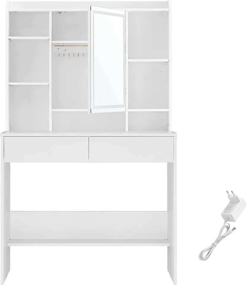 SEA81 - Set Masa toaleta, 90 cm, masa machiaj cu oglinda LED, Organizator Bijuterii, cosmetica, masuta vanity - Alb