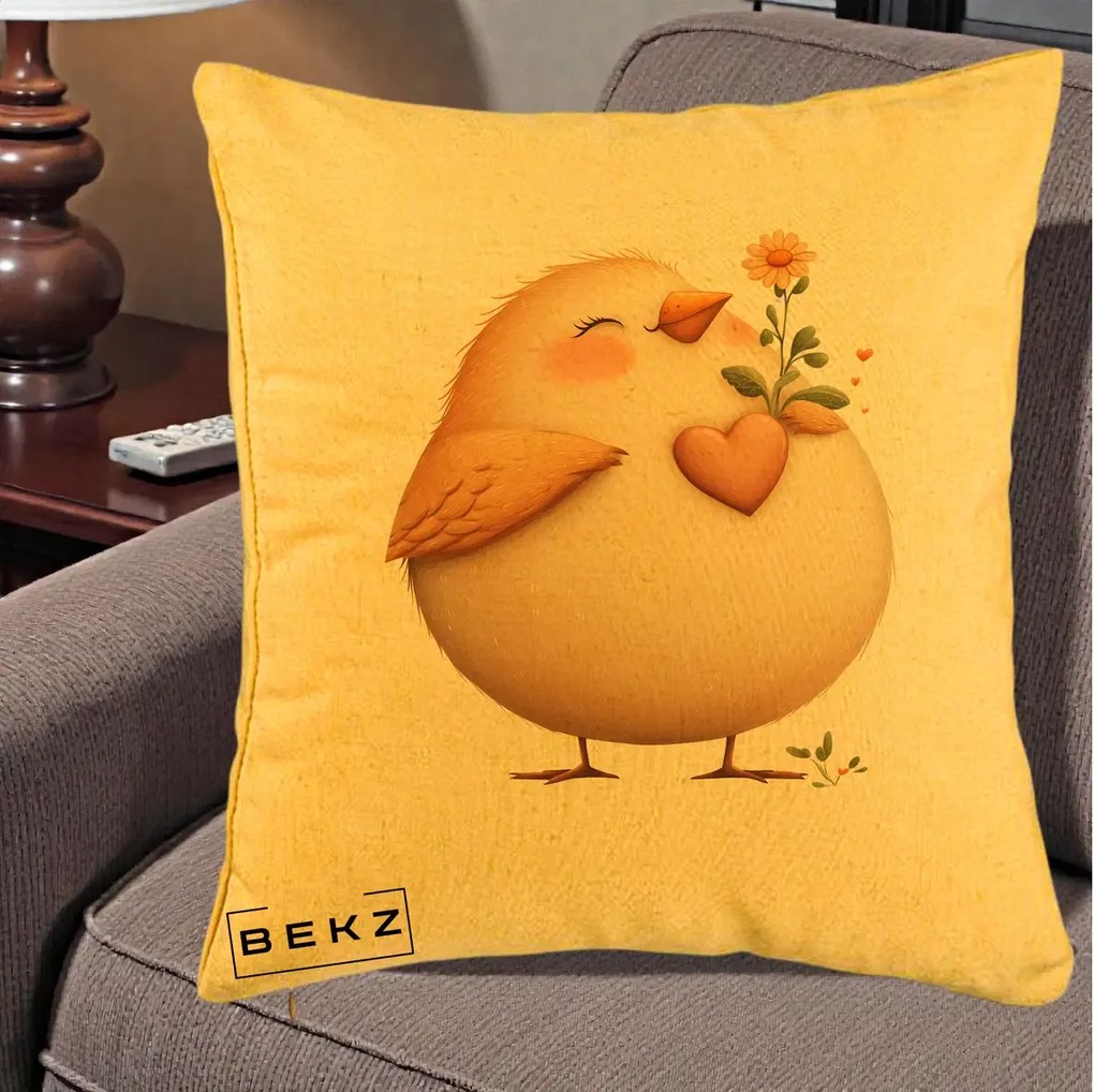 Perna Decorativa Pui cu Inima si Floarea-Soarelui, 40x40 cm, Galben, Husa Detasabila, Perna Inclusa, BEKZ®