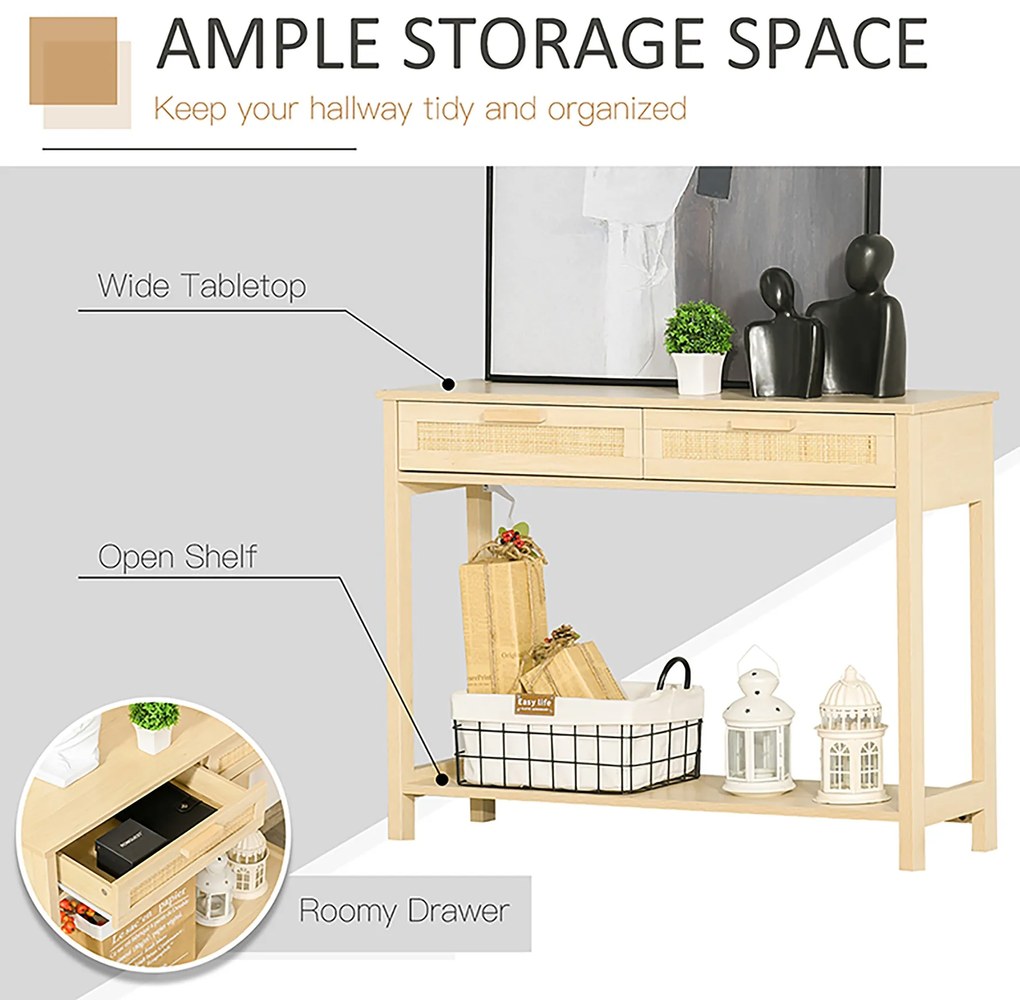HOMCOM Consola din lemn pentru intrare, sufragerie, salon, cu 2 Sertare, Stil Shabby Chic Culoare Lemn, 100x30x76cm