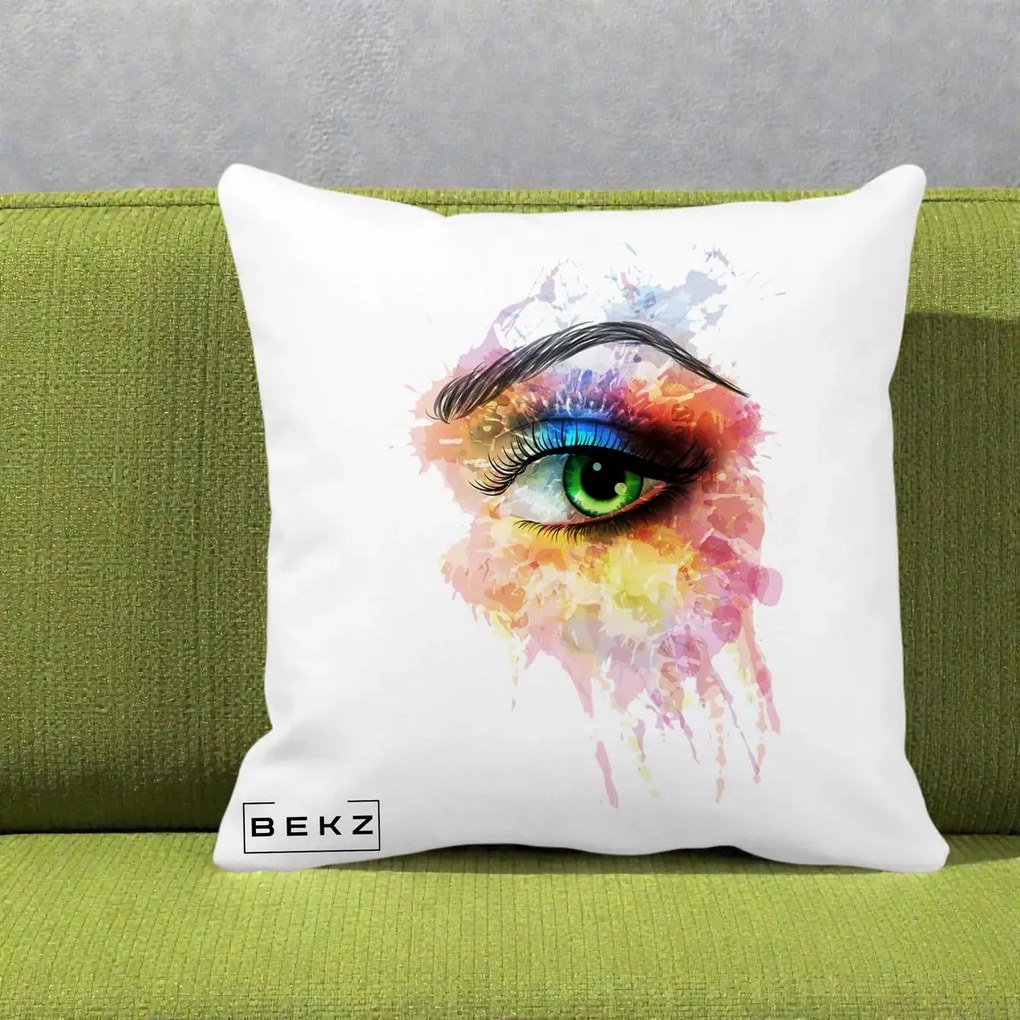 Perna Decorativa Ochi Verde Acuarela, 40x40 cm, Alba Mata, Husa Detasabila, Perna Inclusa, BEKZ®