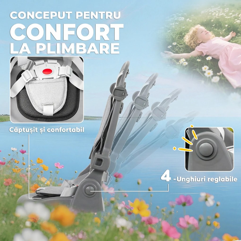 AIYAPLAY Tricicletă Copii 6 în 1, Cărucior și Bicicletă, 1-5 Ani, Max. 25 kg, Pliabilă cu Scaun Rotativ, Copertină, Gri | Aosom Romania