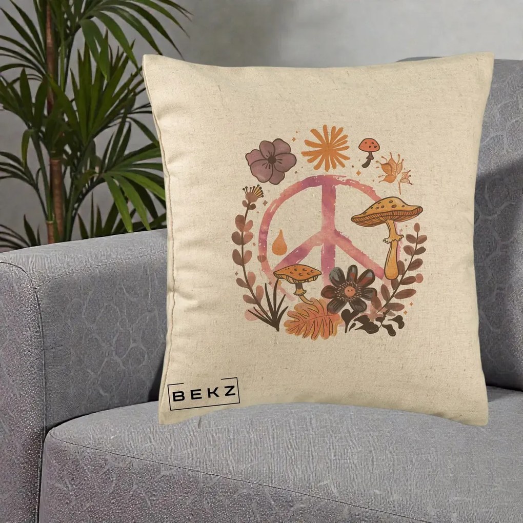 Perna Decorativa Peace Ciuperci Boho, 40x40 cm, Bej, Husa Detasabila, Perna Inclusa, BEKZ®