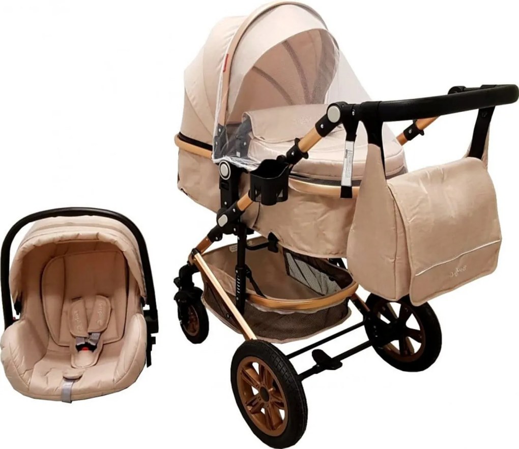 Carucior nou nascuti 3 in 1 Baby Care™ PRO 530 , Cu geanta bebe, Cadru Aluminiu Gold, Amortizoare, Roti din cauciuc plin AVE, Landou, Scoica auto,
