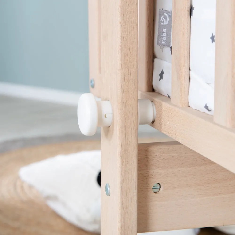 Pătuț leagăn în culoare naturală din lemn de fag cu roți/cu baldachin 40x90 cm – Roba