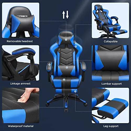 Scaun de gaming ergonomic cu recliner, metal / piele ecologica, negru / albastru, Songmics