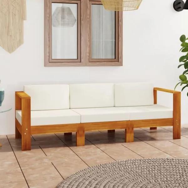 Canapea grădină cu 4 locuri, perne alb/crem, lemn masiv acacia