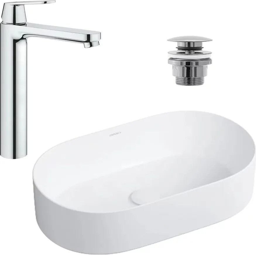 Pachet lavoar pe blat Omnires Mesa alb 53.5 cm, baterie lavoar Grohe Eurosmart Cosmopolitan XL crom si ventil lavoar Click-Clack crom