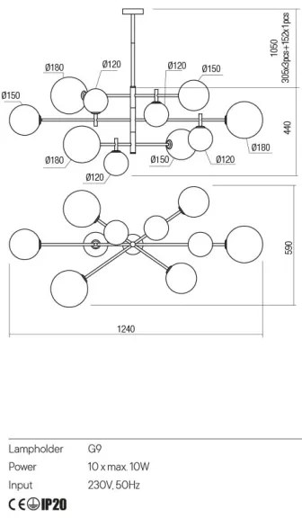 Lustră pe tijă Redo 01-2781 ROY 10xG9/10W/230V