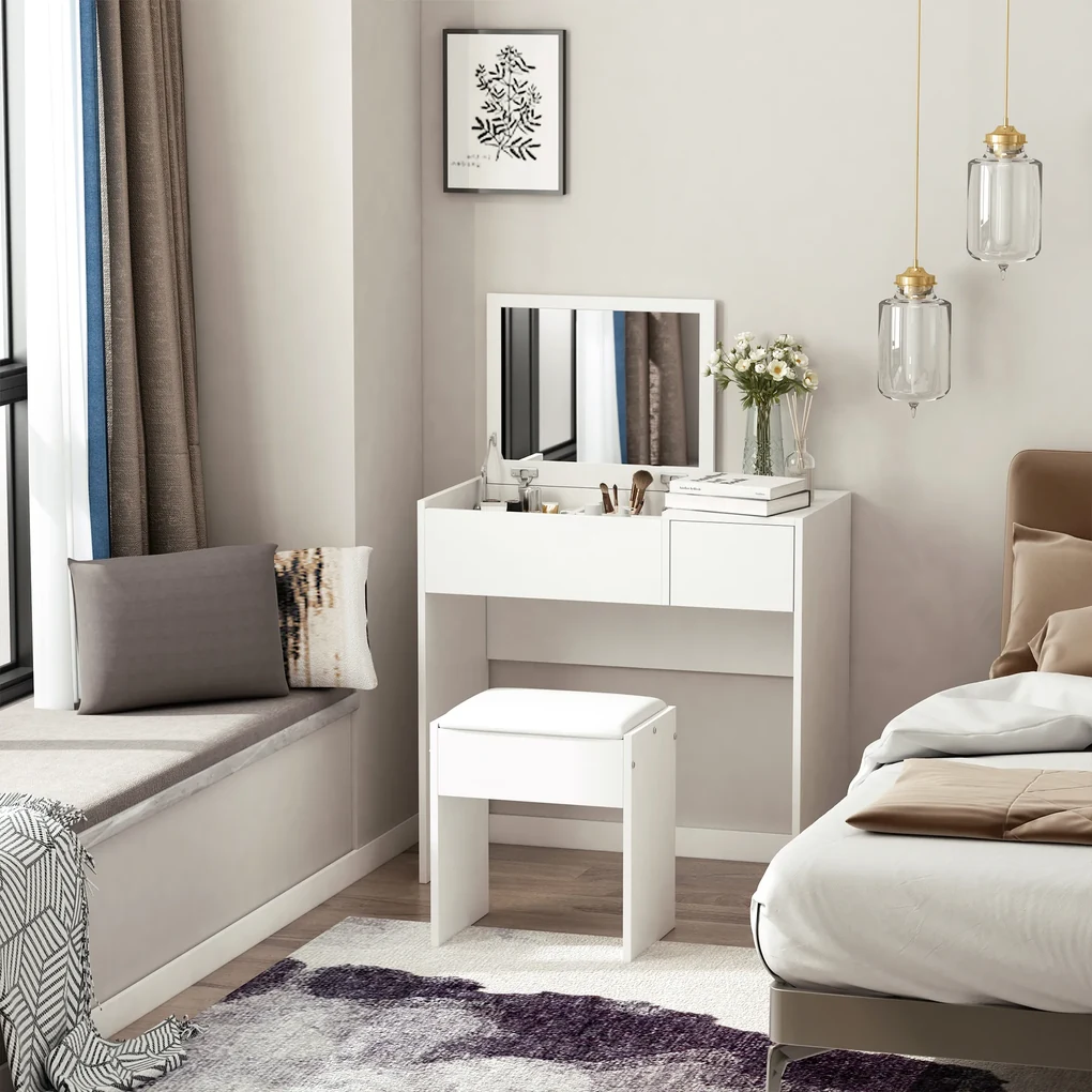 HOMCOM Set Mobilier pentru Toaletă cu Oglindă, Taburet și Sertar, Design Elegant, Masa Consola Alb | Aosom Romania