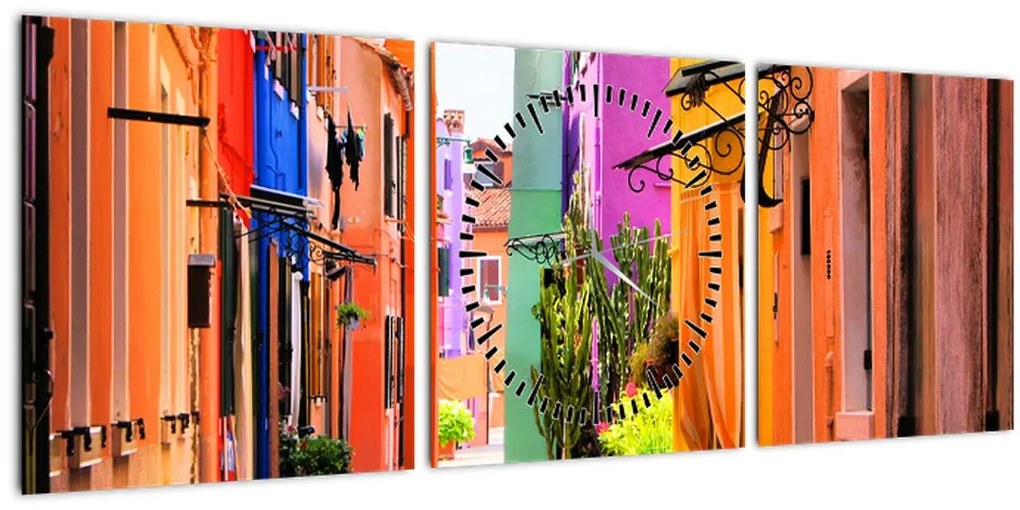 Tablou cu străduță colorata italiană (cu ceas) (90x30 cm)