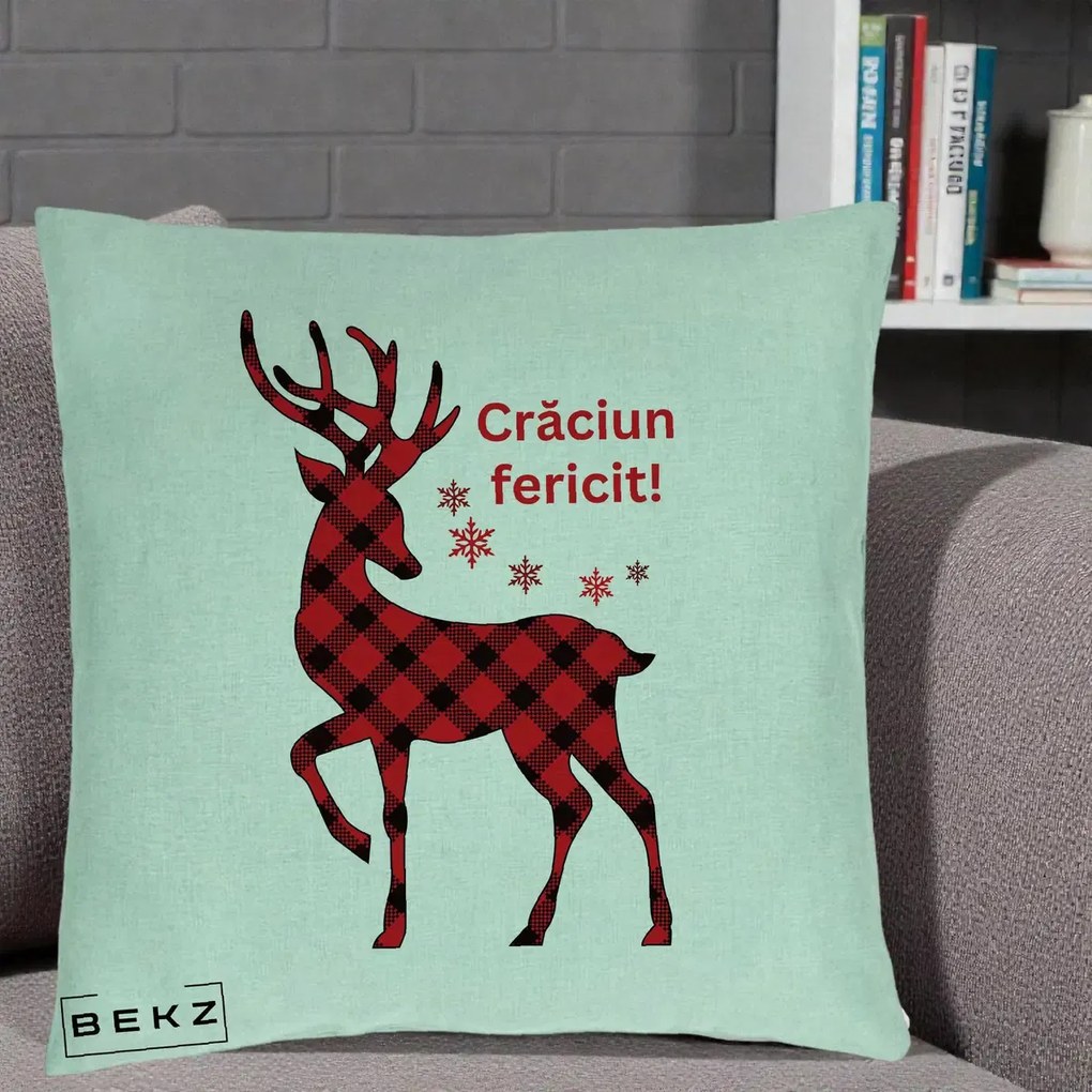 Perna Decorativa Ren Tartan Craciun Fericit, 40x40 cm, Verde Menta, Husa Detasabila, Perna Inclusa, BEKZ®