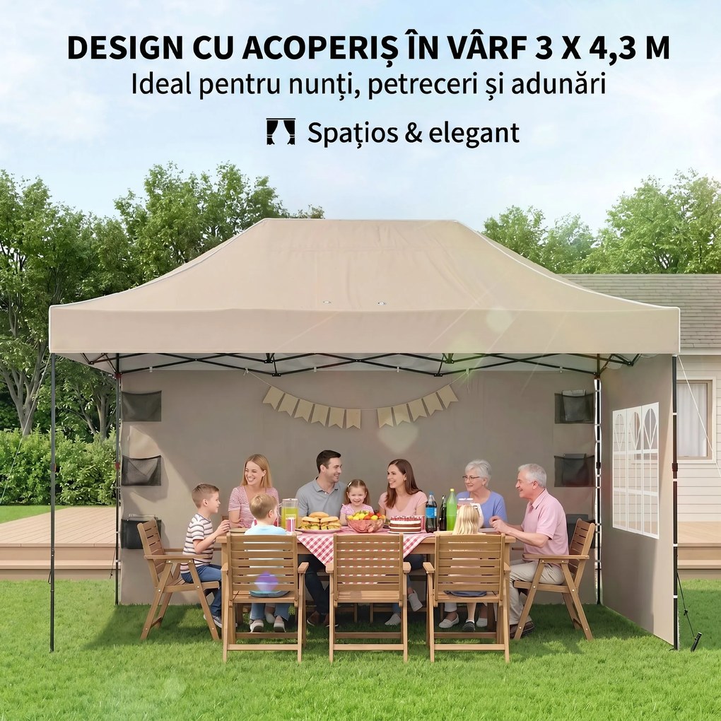 Outsunny Pavilion 3x4,3m, Acoperiș UPF50+, Pereți, Geantă cu Roți, Tenda Grădină, Maro Nisipiu | Aosom Romania