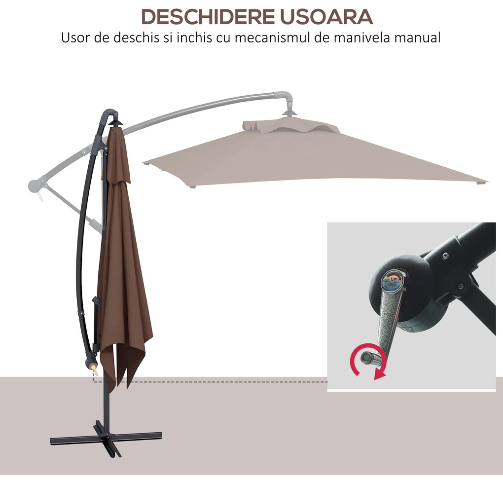 Outsunny Umbrelă Suspendată cu Orificii de Ventilaţie, Bază în Cruce şi Manivelă, 3x2 m, Maro | Aosom Romania