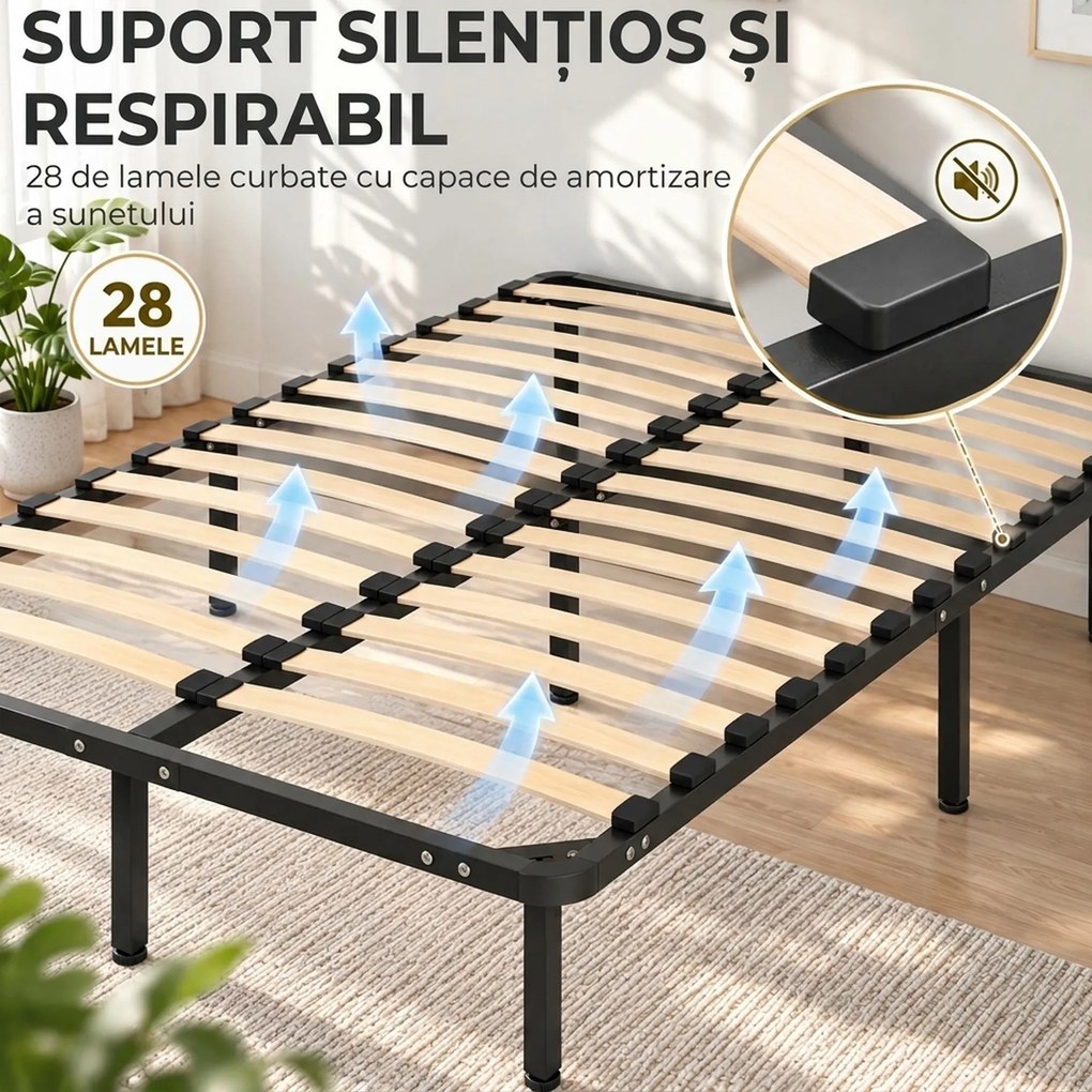 HOMCOM Pat Industrial 120x190x31 cm cu 28 de Lamele și Spațiu de Depozitare, Lemn și Oțel, Negru și Lemn Natural | Aosom Romania