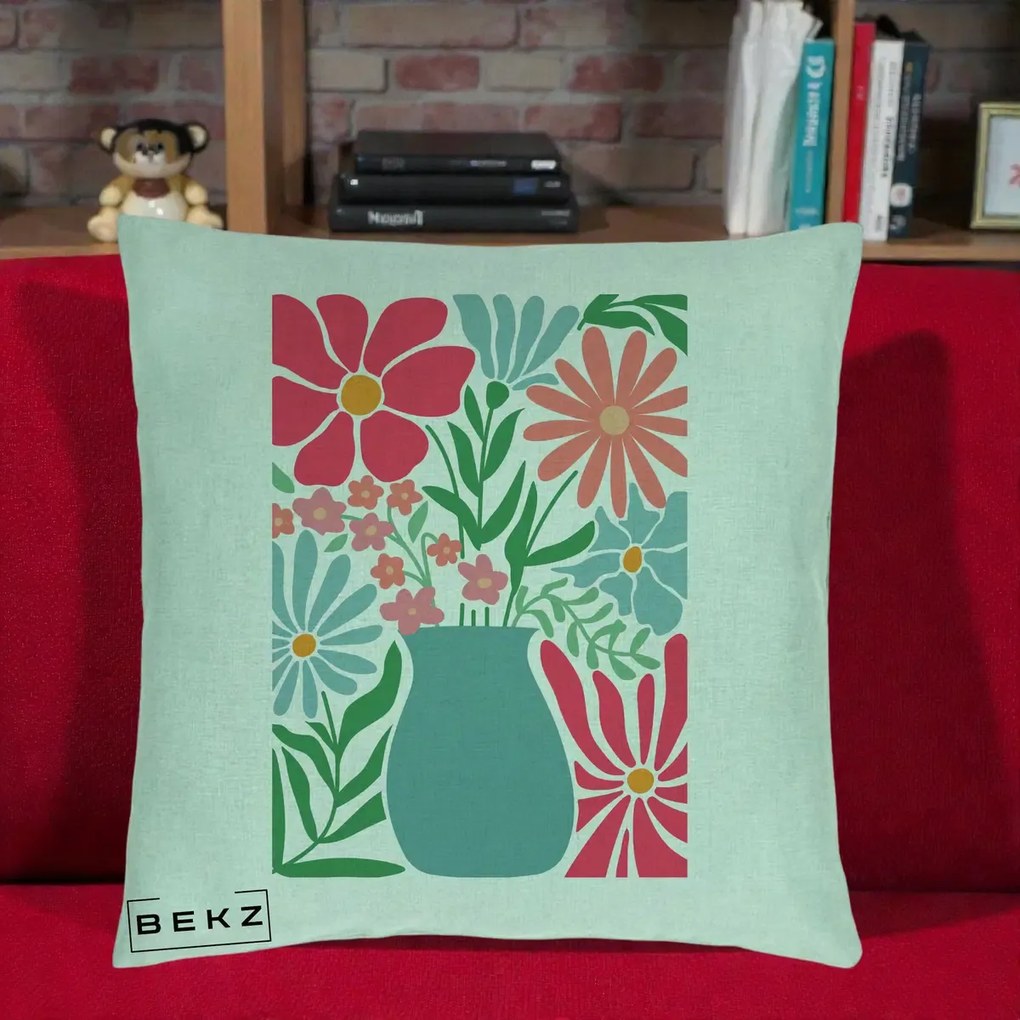 Perna Decorativa Flori in Vaza Turcoaz, 40x40 cm, Verde Menta, Husa Detasabila, Perna Inclusa, BEKZ®