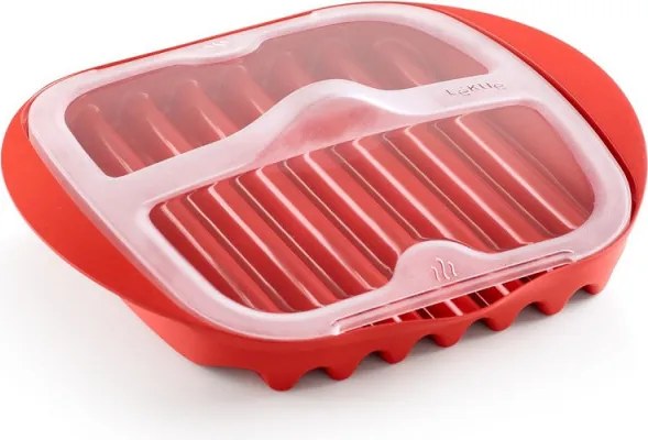 Vas de gatit bacon la cuptorul cu microunde Lekue 1009034, Pana la 6 slice, 25x28x6 cm, -2/+150 °C,Rosu
