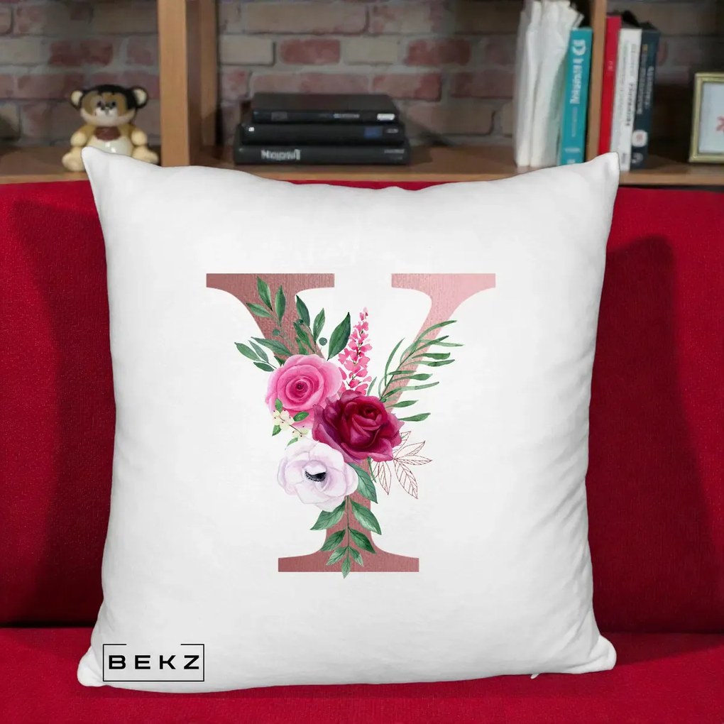 Cadou Personalizat - Perna Personalizata Monograma Rose Gold Litera Y, 40x40 cm, Alb Pufos, Husa Detasabila, Perna Inclusa, BEKZ®