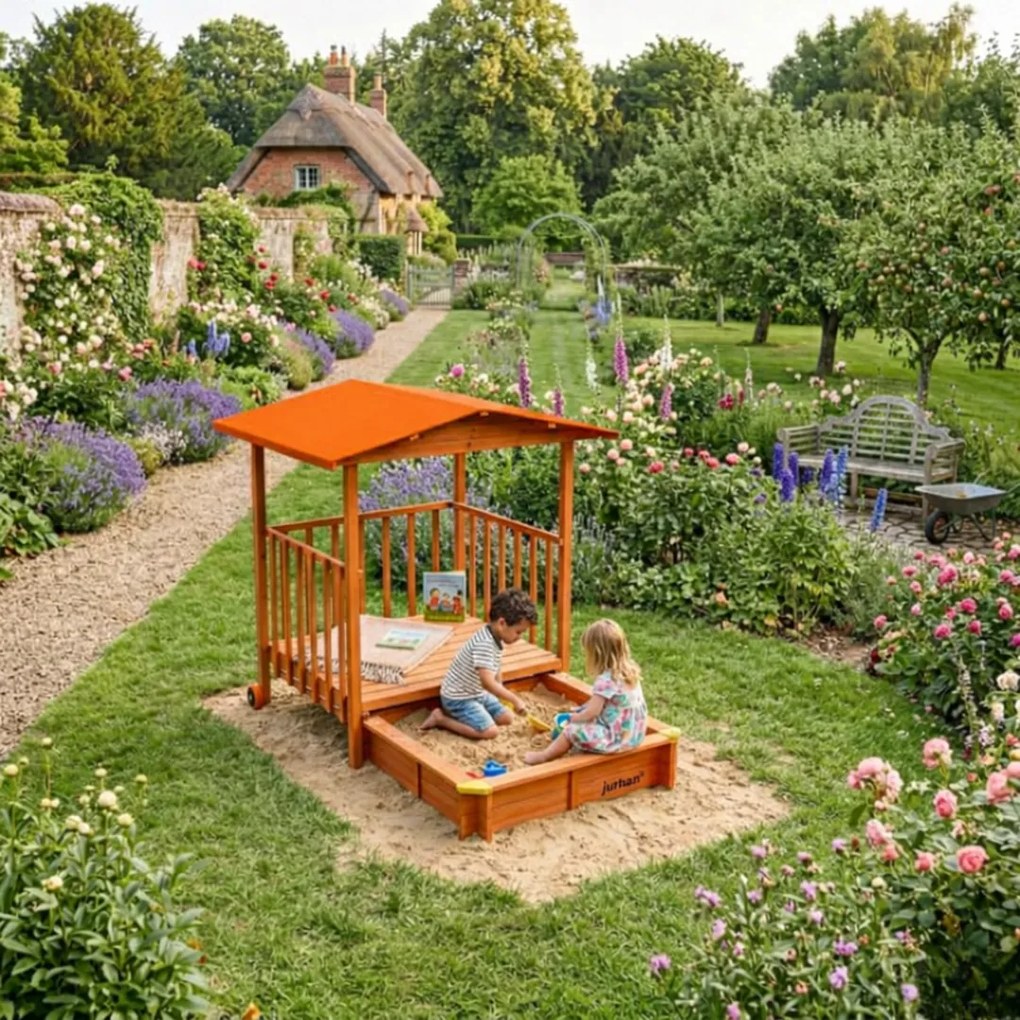 Groapa cu nisip cu verandă SUNNY, 130x130x143cm, maro/portocalie Jurhan