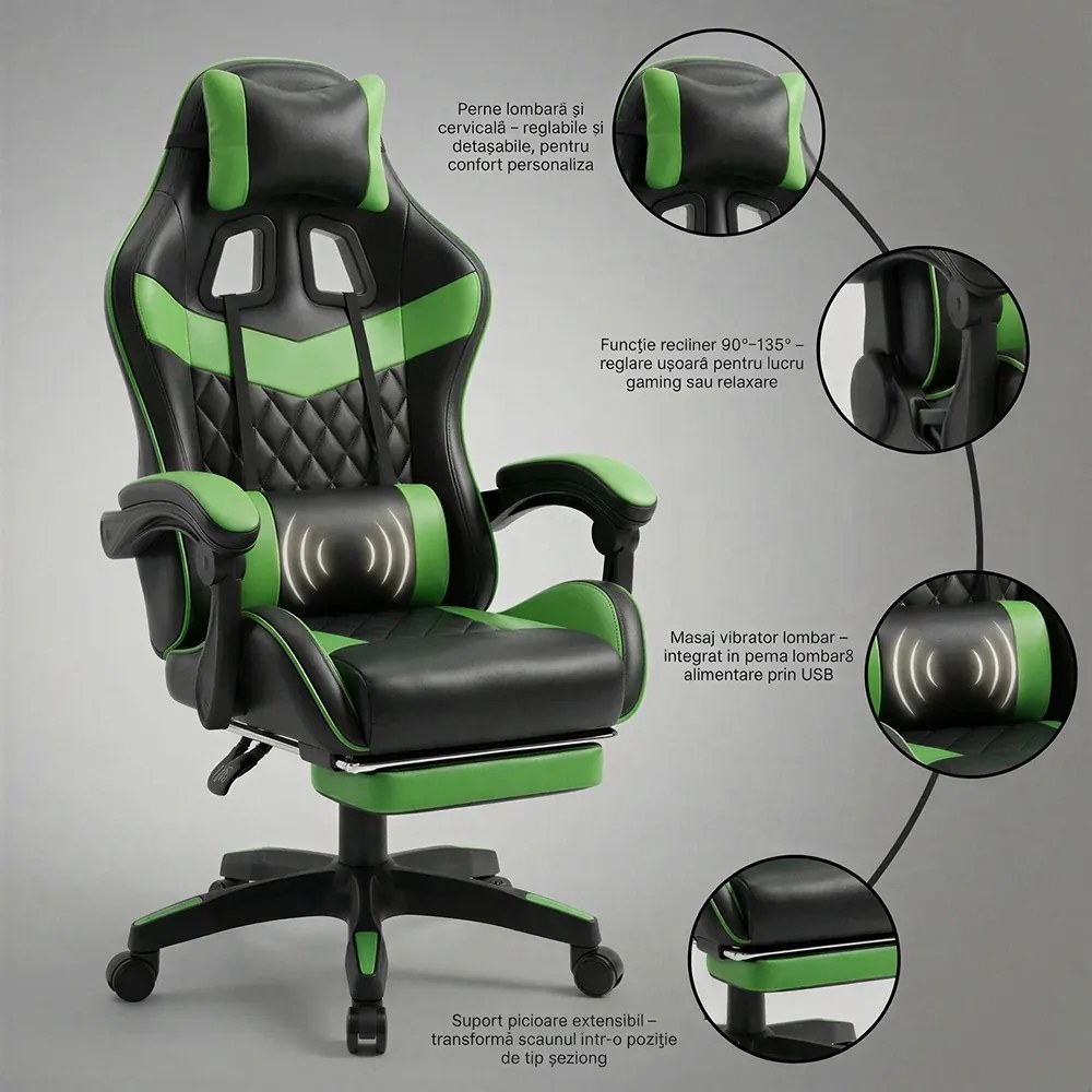 RESIGILAT- Scaun gaming, sistem iluminare bandă LED RGB, masaj în perna lombară, suport picioare, Negru/Verde
