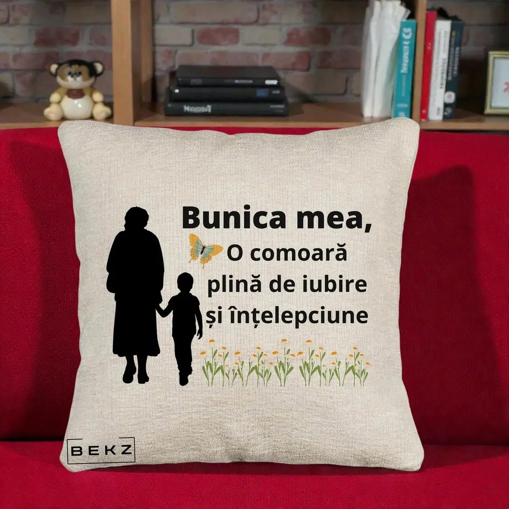 Cadou pentru Bunica - Perna Personalizata Bunica Mea Comoara cu Fluture si Baietel, 40x40 cm, Bej Canapea, Husa Detasabila, Perna Inclusa, BEKZ®