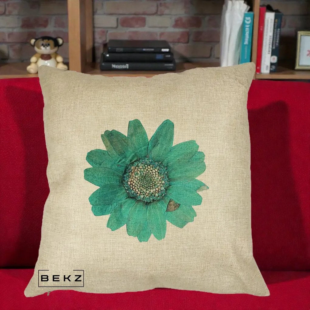 Perna Decorativa Floare Gerbera Teal Acuarela, 40x40 cm, Crem, Husa Detasabila, Perna Inclusa, BEKZ®