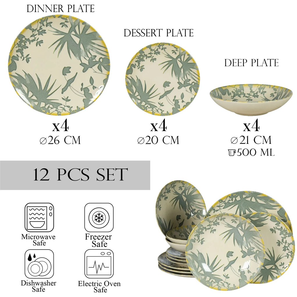 Set 12 Piese Summer 44 Gri: 4 Farfurii Intinse 26cm, 4 Farfurii Desert 20cm  4 Boluri 21cm 500ml