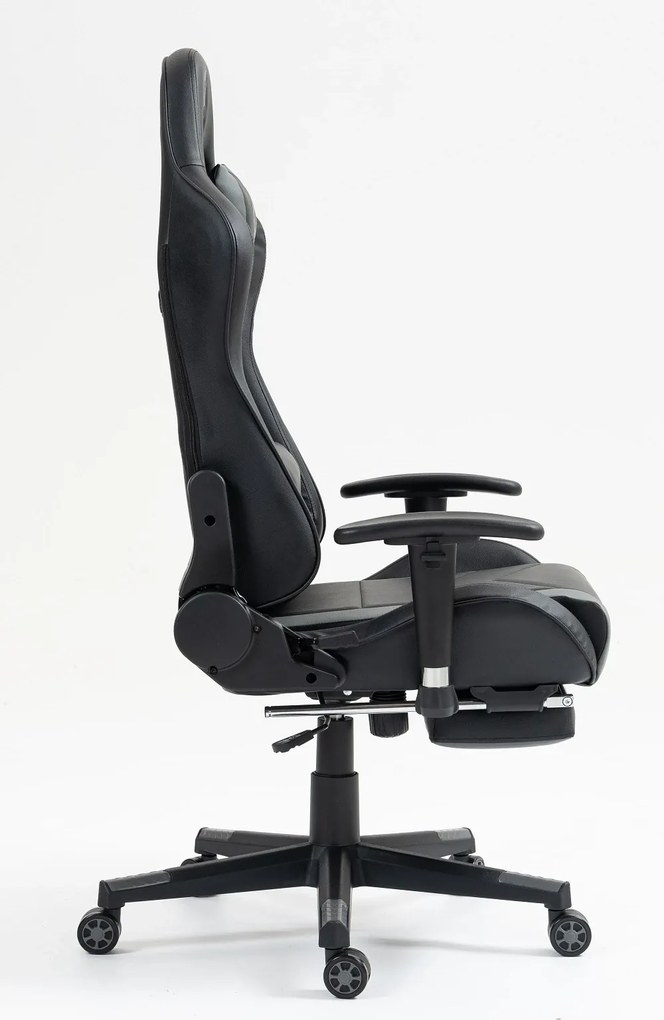 RESIGILAT- Scaun gaming cu masaj în perna lombară, suport picioare, piele PU, Negru/Gri