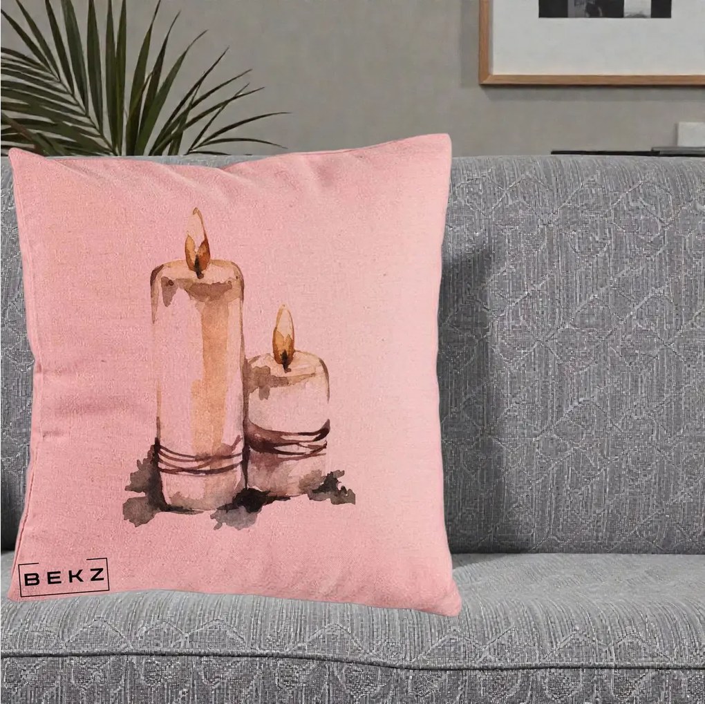 Perna Decorativa Lumanari Acuarela Iarna, 40x40 cm, Roz, Husa Detasabila, Perna Inclusa, BEKZ®