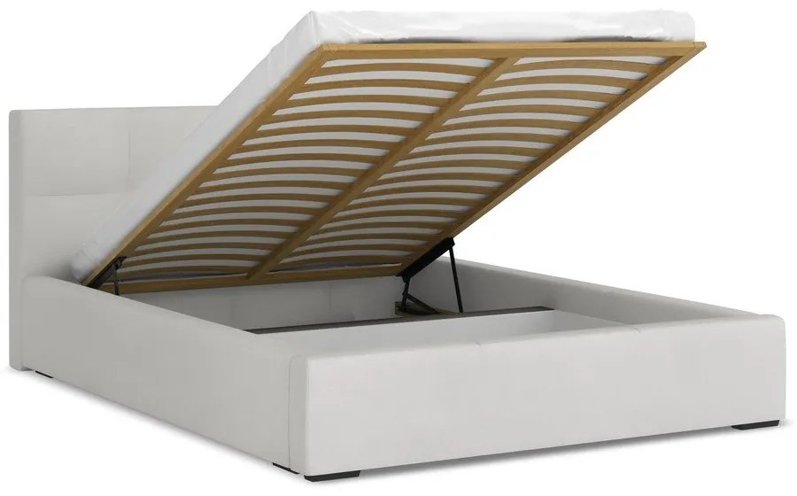 Pat matrimonial gri deschis tapițat din catifea cu spațiu de depozitare cu somieră 140x200 cm Hiko – Makamii