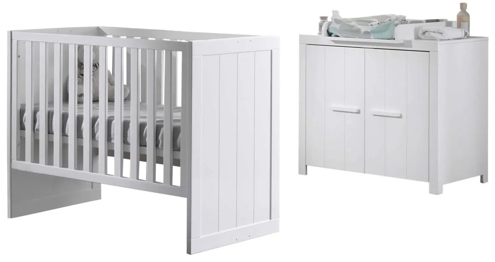 Set Pătuț Transformabil Copii ERIK: Pătuț 60x120 cm, Comodă cu 2 Sertare și Masă de Înfășat, Alb – Vipack