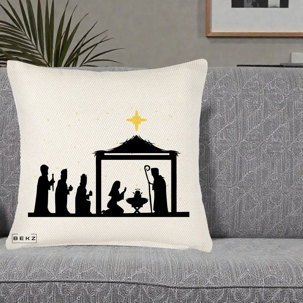 Perna Decorativa Nasterea Pruncului Silueta Neagra si Stea Aurie, 40x40 cm, Crem Reliefat, Husa Detasabila, Perna Inclusa, BEKZ®
