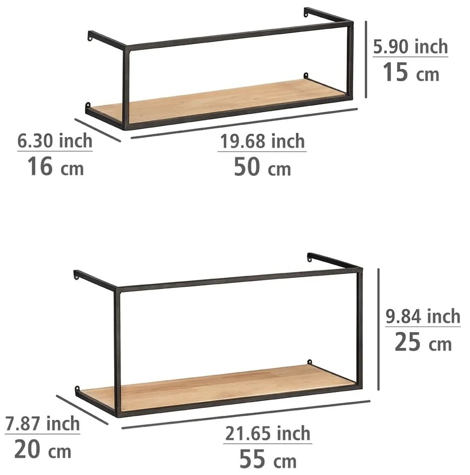 Set 2 rafturi din pin cu construcție metalică neagră Wenko Pieces, lungime 55 cm