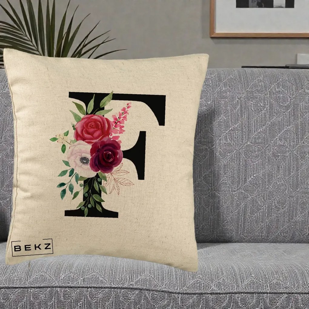 Cadou Personalizat - Perna Personalizata Monograma Florala Litera F, 40x40 cm, Bej, Husa Detasabila, Perna Inclusa, BEKZ®