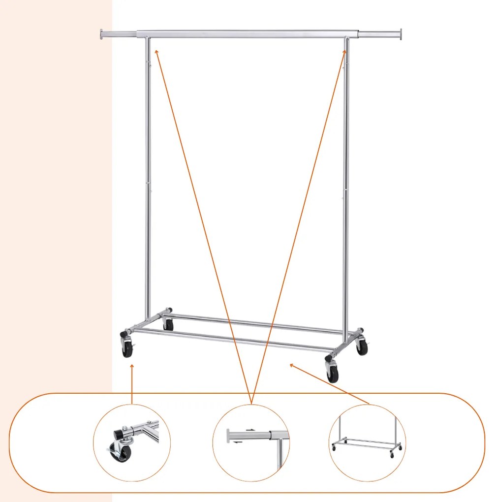 Suport pentru haine INEZ cu roți, max.90kg, 83,5x45x160cm, argintiu Jurhan