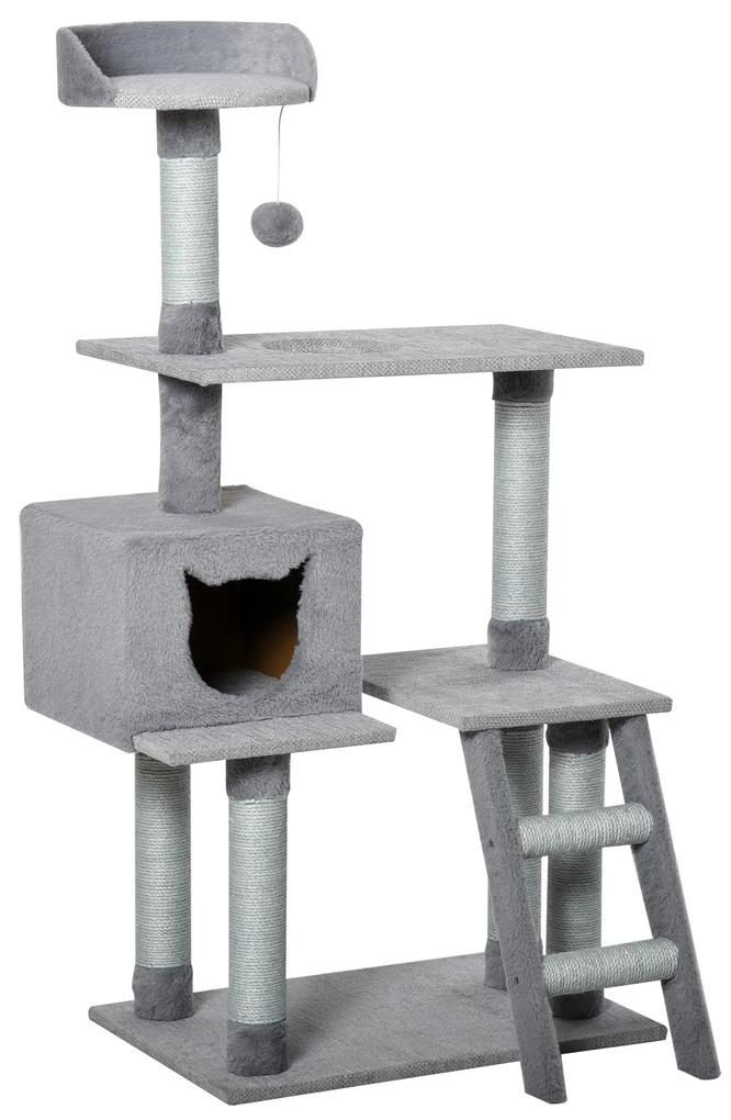 Ansamblu pentru pisici cu suprafata de zgariat, Casuta Scara Platforme, Stalpi din Sfoara din iuta, Gri, 60.5x40x124cm PawHut | Aosom RO