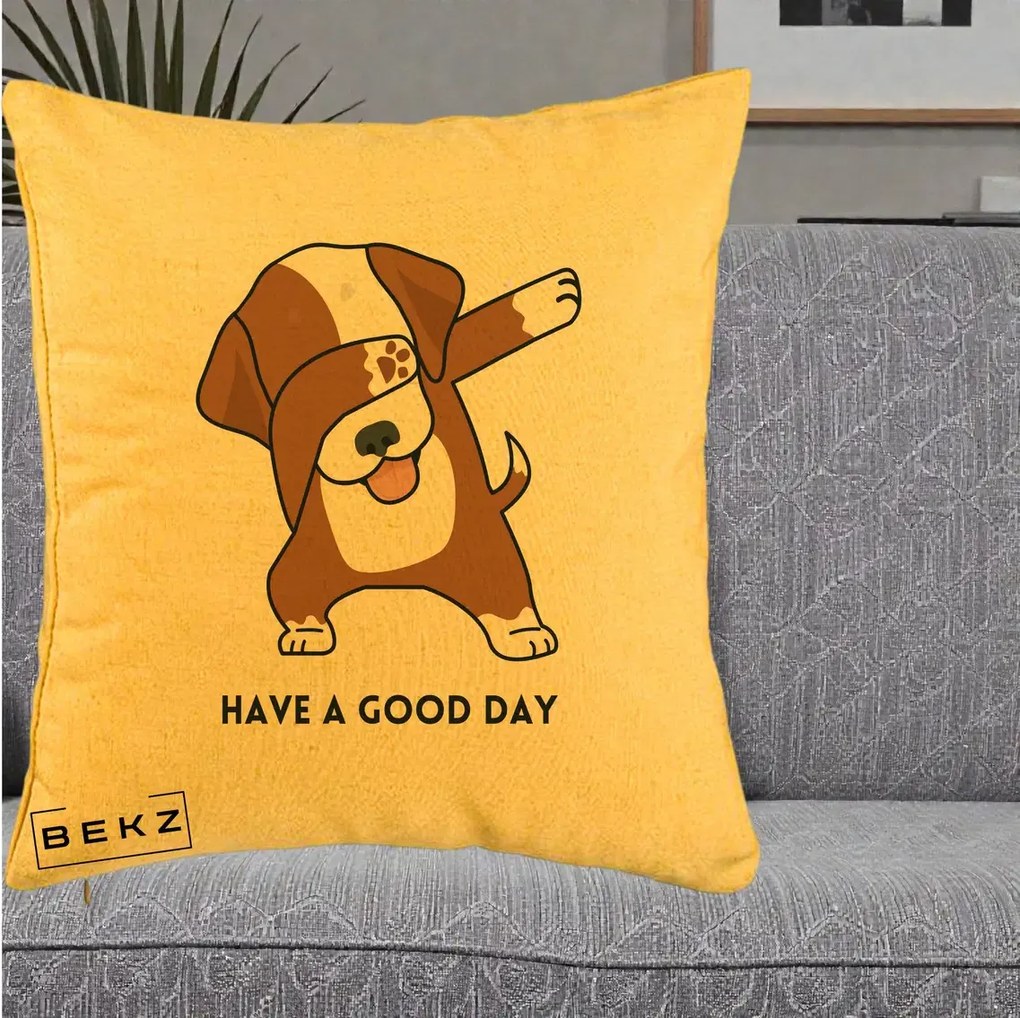 Perna Decorativa Caine Dab Have A Good Day, 40x40 cm, Galben, Husa Detasabila, Perna Inclusa, BEKZ®