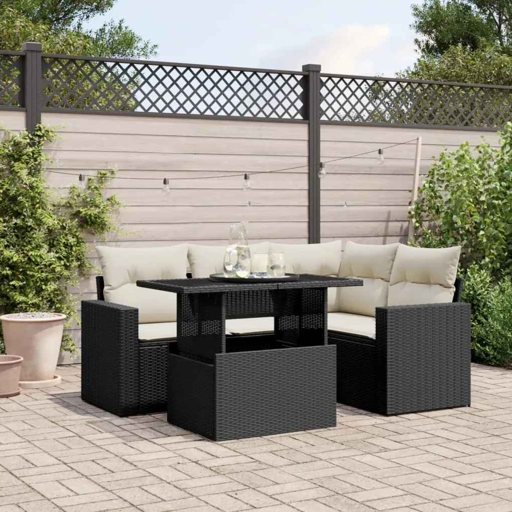 3267246 vidaXL Set mobilier de grădină cu perne, 5 piese, negru, poliratan