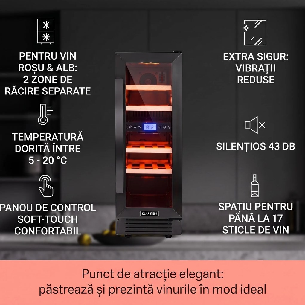 Klarstein Vinovilla 17 Built-in Duo Onyx Edition, vinotecă cu două zone, 53 l, 17 sticle, ușă din sticlă în 3 culori