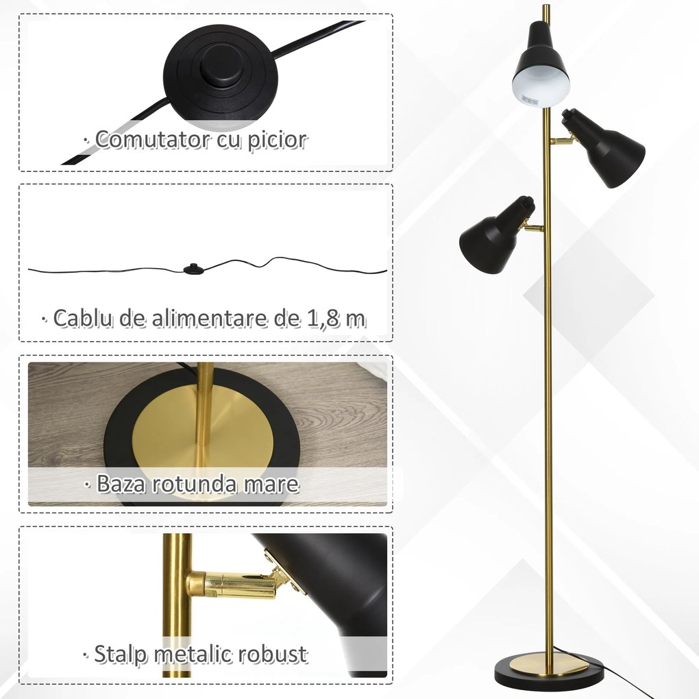 Lampa de podea de 150 cm cu 3 abajururi reglabile, baza rotunda, metal, bronz, 32x32x150 cm HOMCOM | Aosom RO