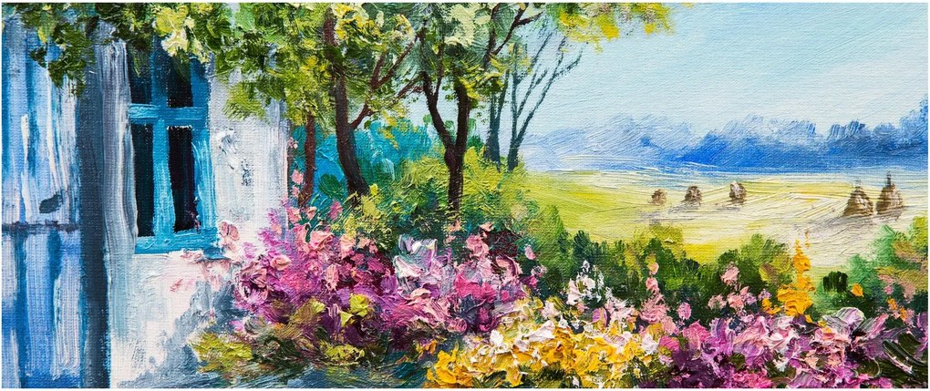 Tablou - Grădina din fața casei, pictură în ulei (120x50 cm)