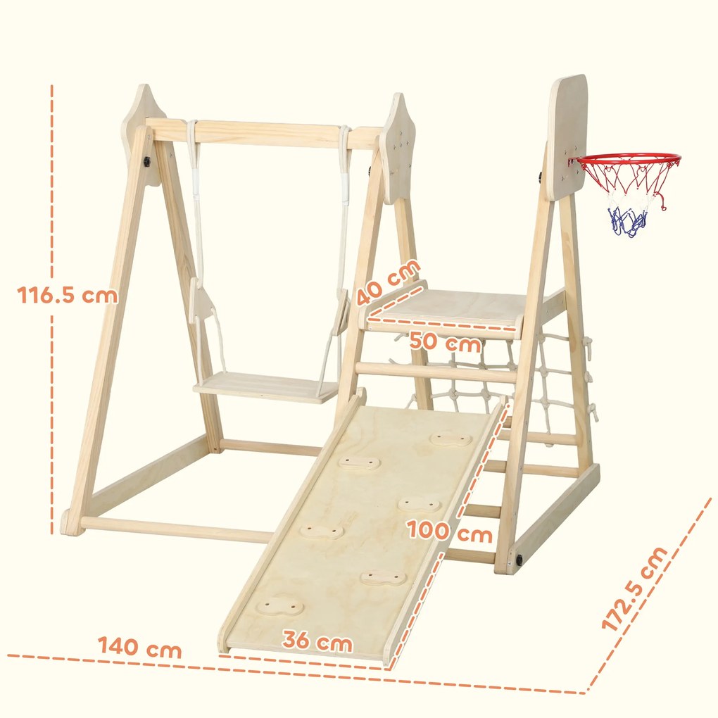 AIYAPLAY Set de Cățărare 5 în 1 cu Tobogan, 2 Pereți de Cățărare, Leagăn și Coș de Baschet, din Lemn, 140x172.5x116.5 cm | Aosom Romania