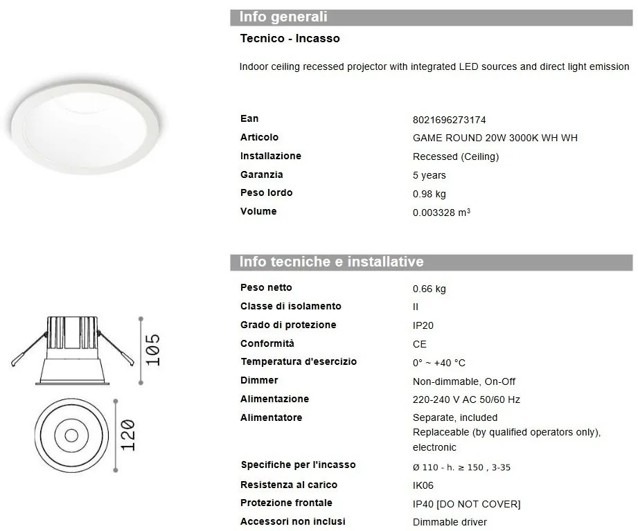 Spot LED incastrabil Game round alb 20w 3000k