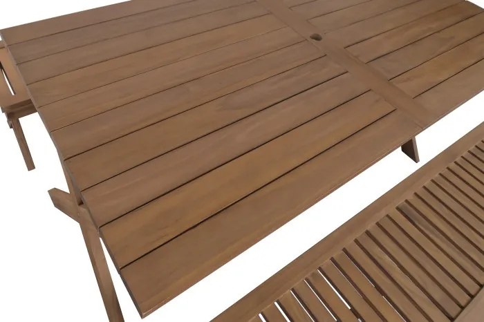 Set dining exterior din lemn masiv de tec, masă și 2 bănci, finisaj natural, „Marino”