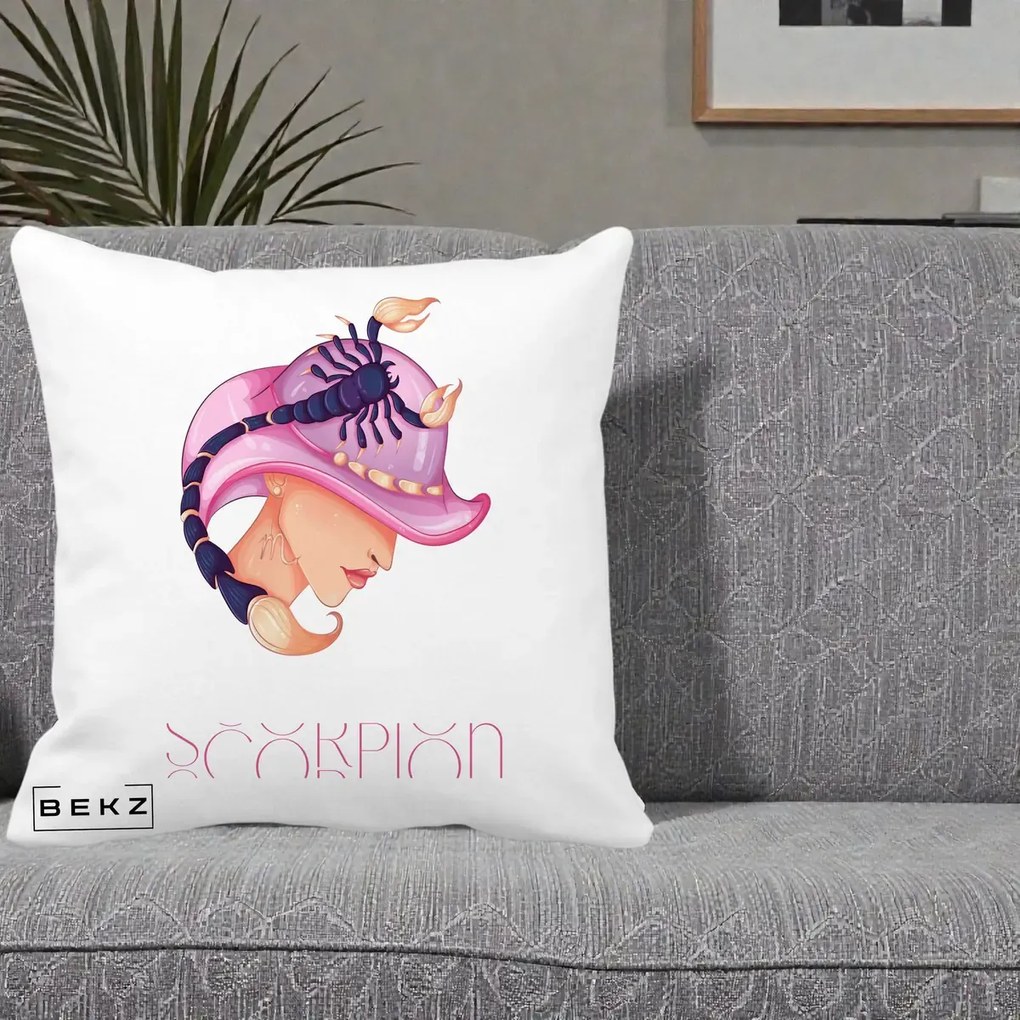 Perna Personalizata Zodiac Scorpion Cowgirl, 40x40 cm, Alba Mata, Husa Detasabila, Perna Inclusa, BEKZ®