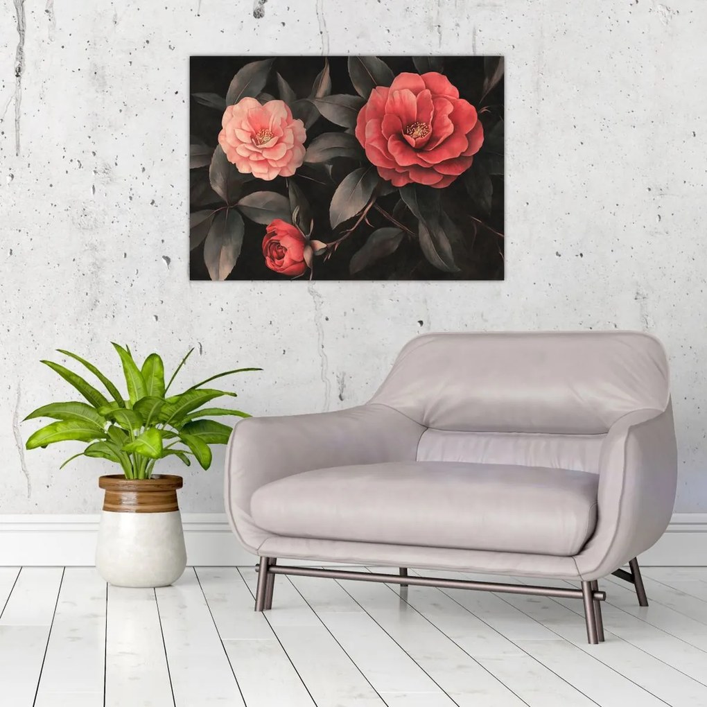 Tablou pe sticlă - Flori roșii pe fundal întunecat (70x50 cm)